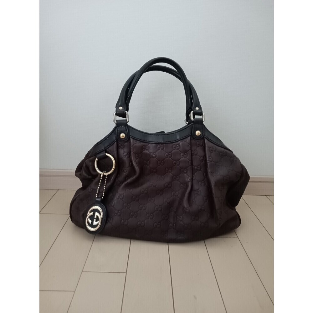 GUCCI Guccissima Leather Sukey Handbag GG Tote Bag Dark Brown